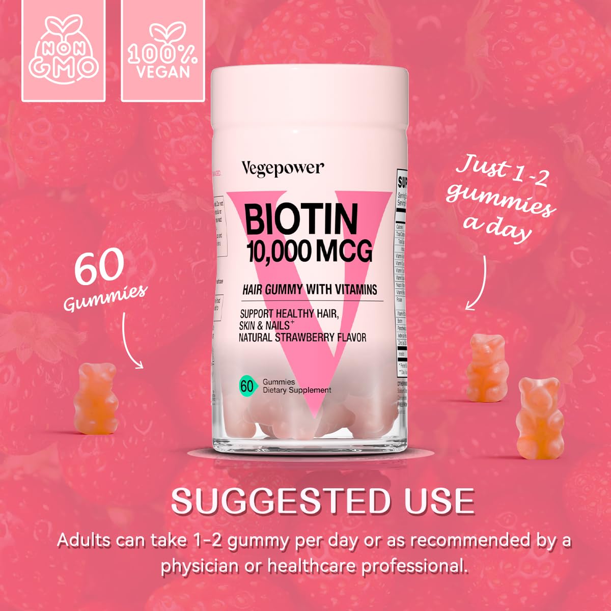 VEGEPOWER Biotin Gummies focus on hair and nails benefits in a vegan option