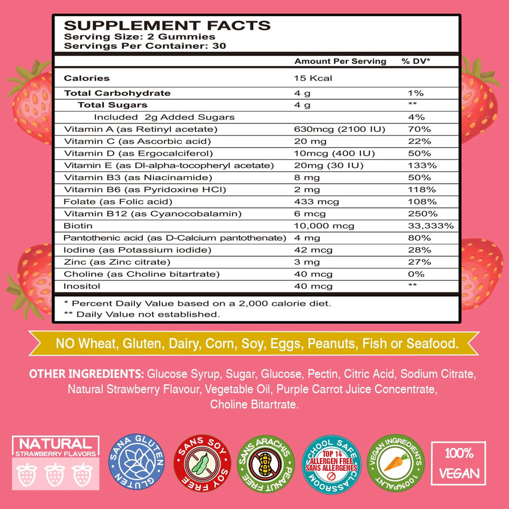 VEGEPOWER Biotin Gummies label showing vitamins and minerals included