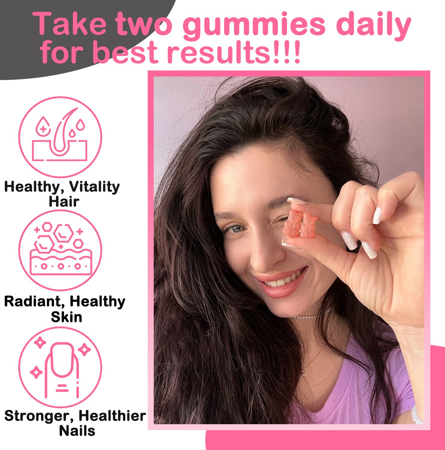 Strawberry flavor close-up highlighting tasty vegan biotin gummies.