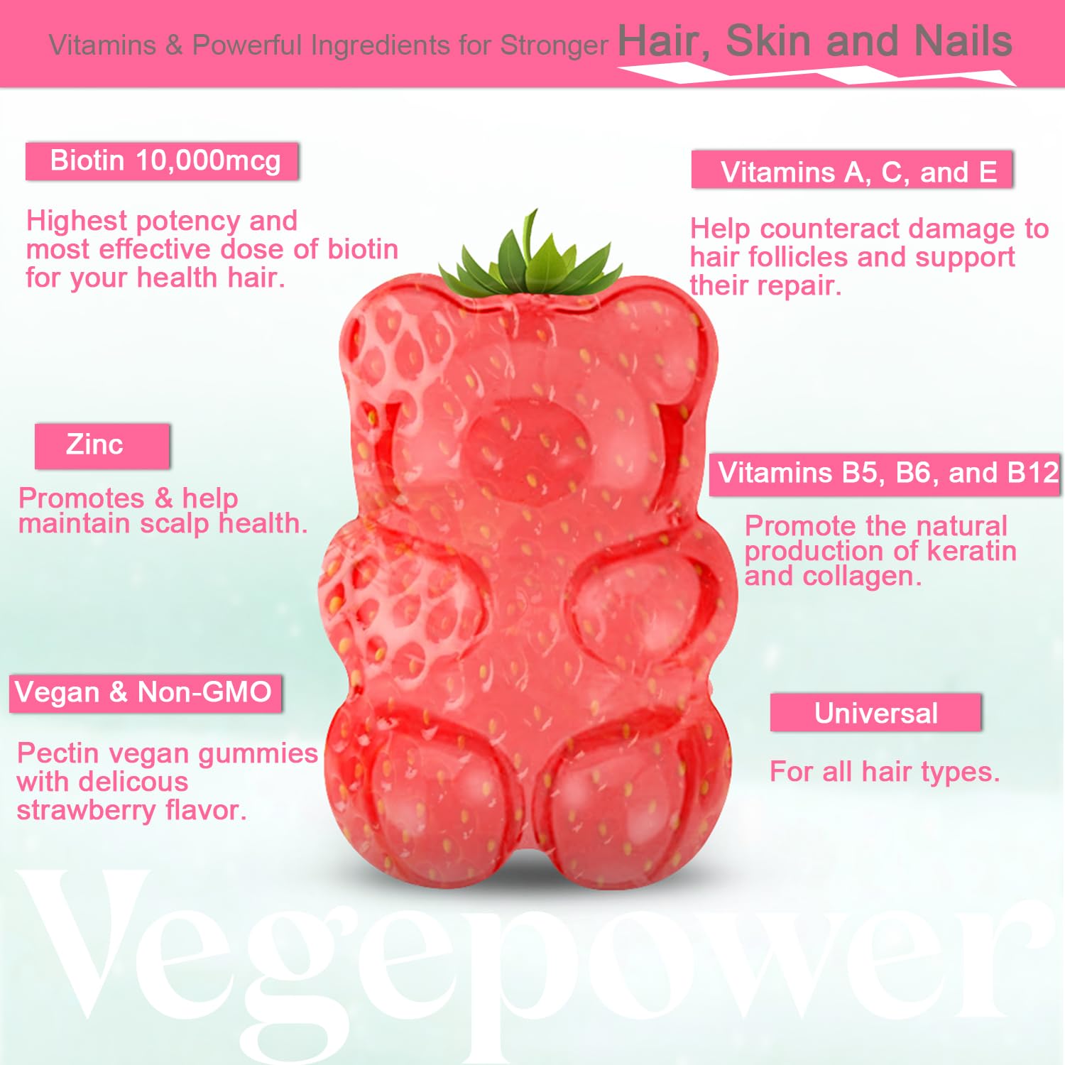 VEGEPOWER Biotin Gummies strawberry flavor chews for pleasant taste