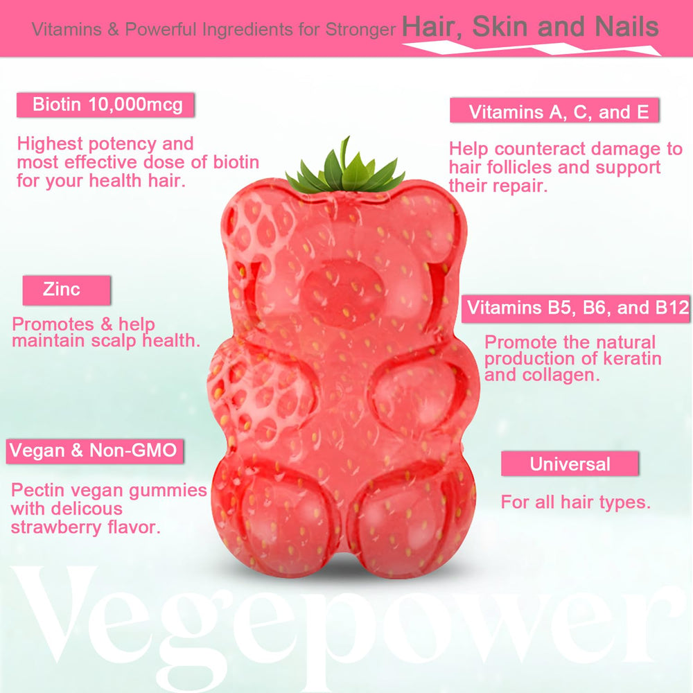 VEGEPOWER Biotin Gummies strawberry flavor chews for pleasant taste