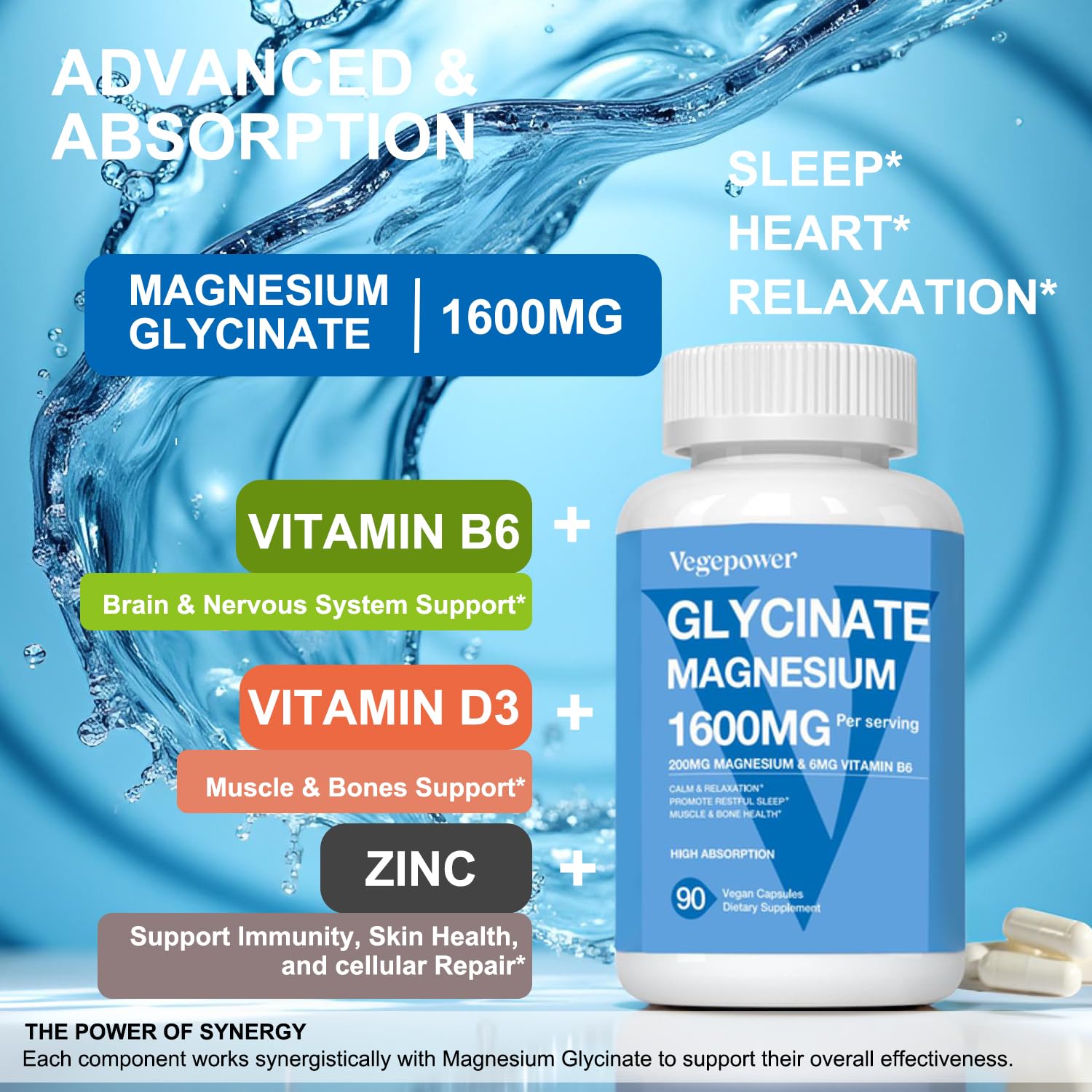 VEGEPOWER chelated magnesium bisglycinate 1600mg capsules for superior absorption