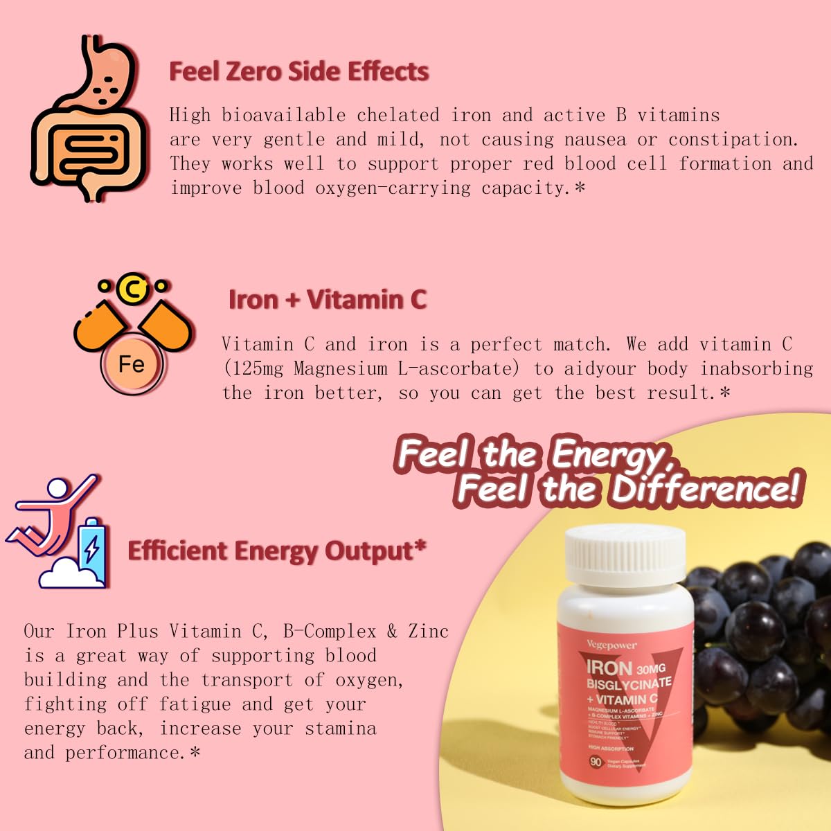 VEGEPOWER ingredients panel hints at vitamin C and B12 synergy.