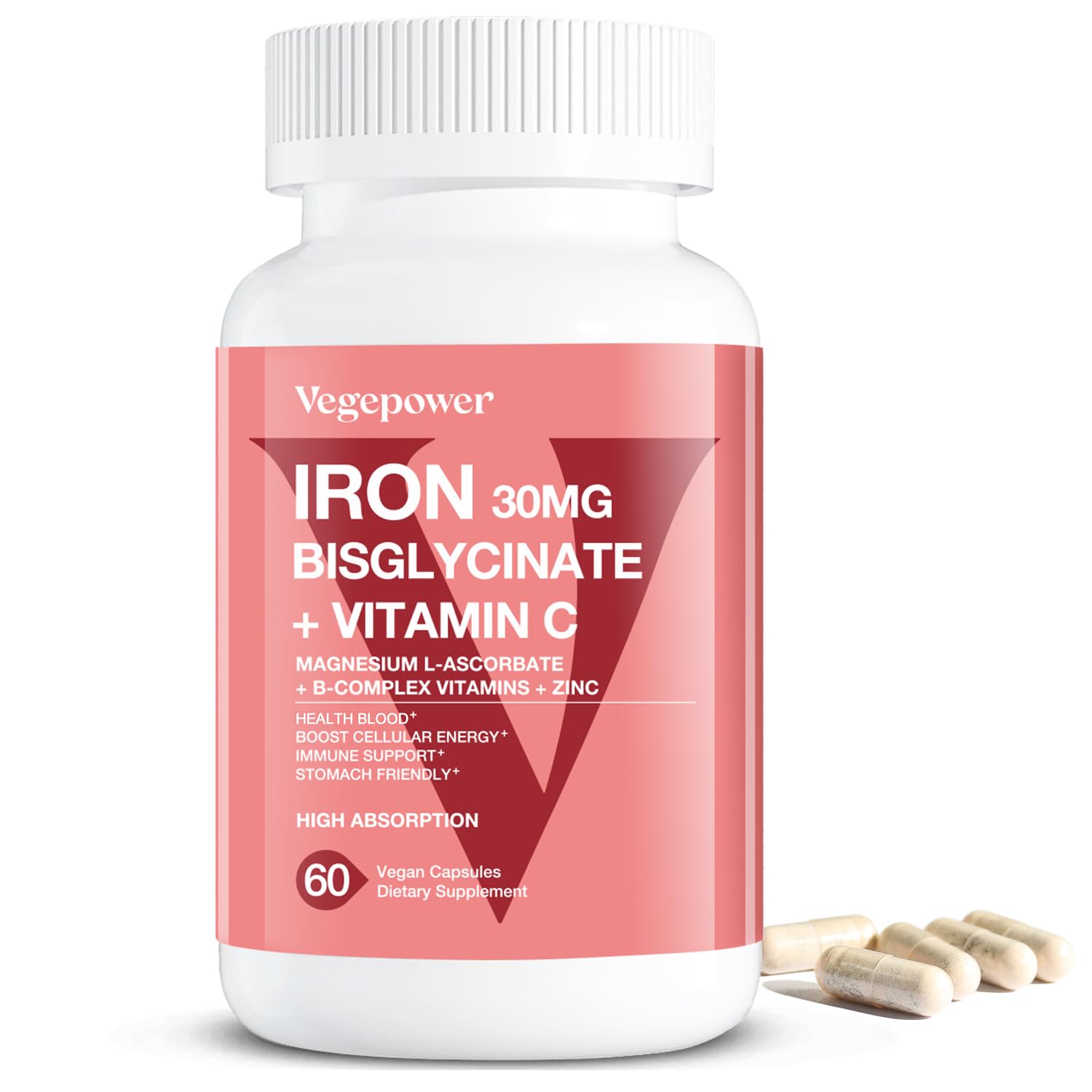 VEGEPOWER Iron Bisglycinate bottle showing high-absorption formula.