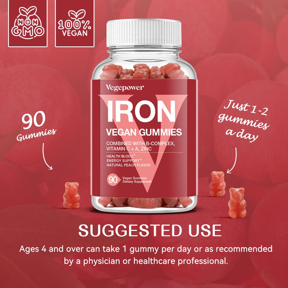 VegePower iron gummies peach flavor packaging for family use.