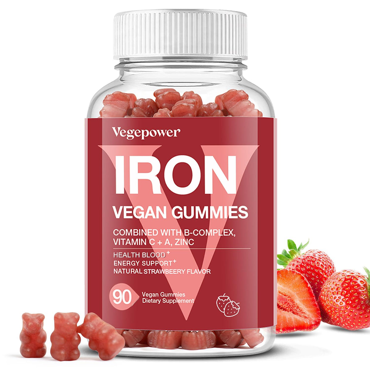 Vegepower Iron Gummies bottle in strawberry flavor for daily energy support.