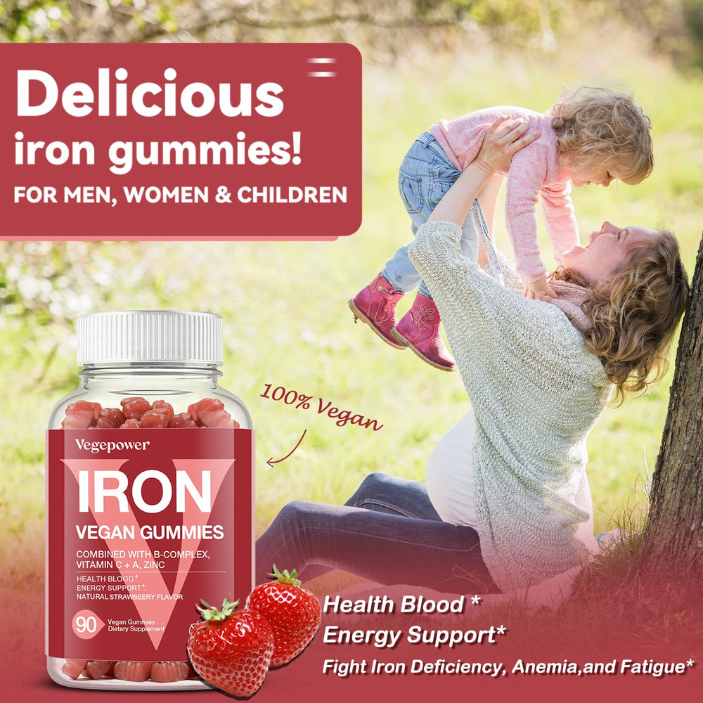 Vegepower Iron Gummies close-up showing strawberry texture for easy consumption.