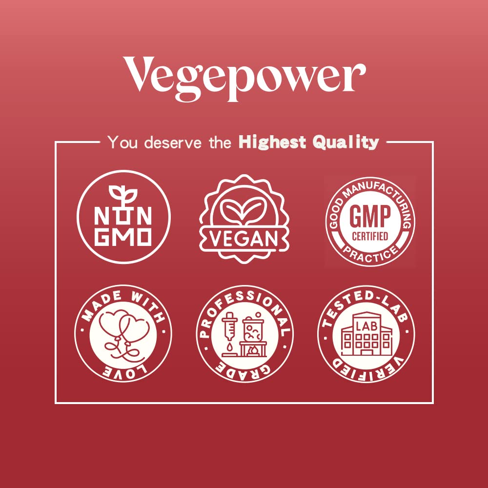 Vegepower vegan, non-GMO, gluten-free and soy-free certification icons.