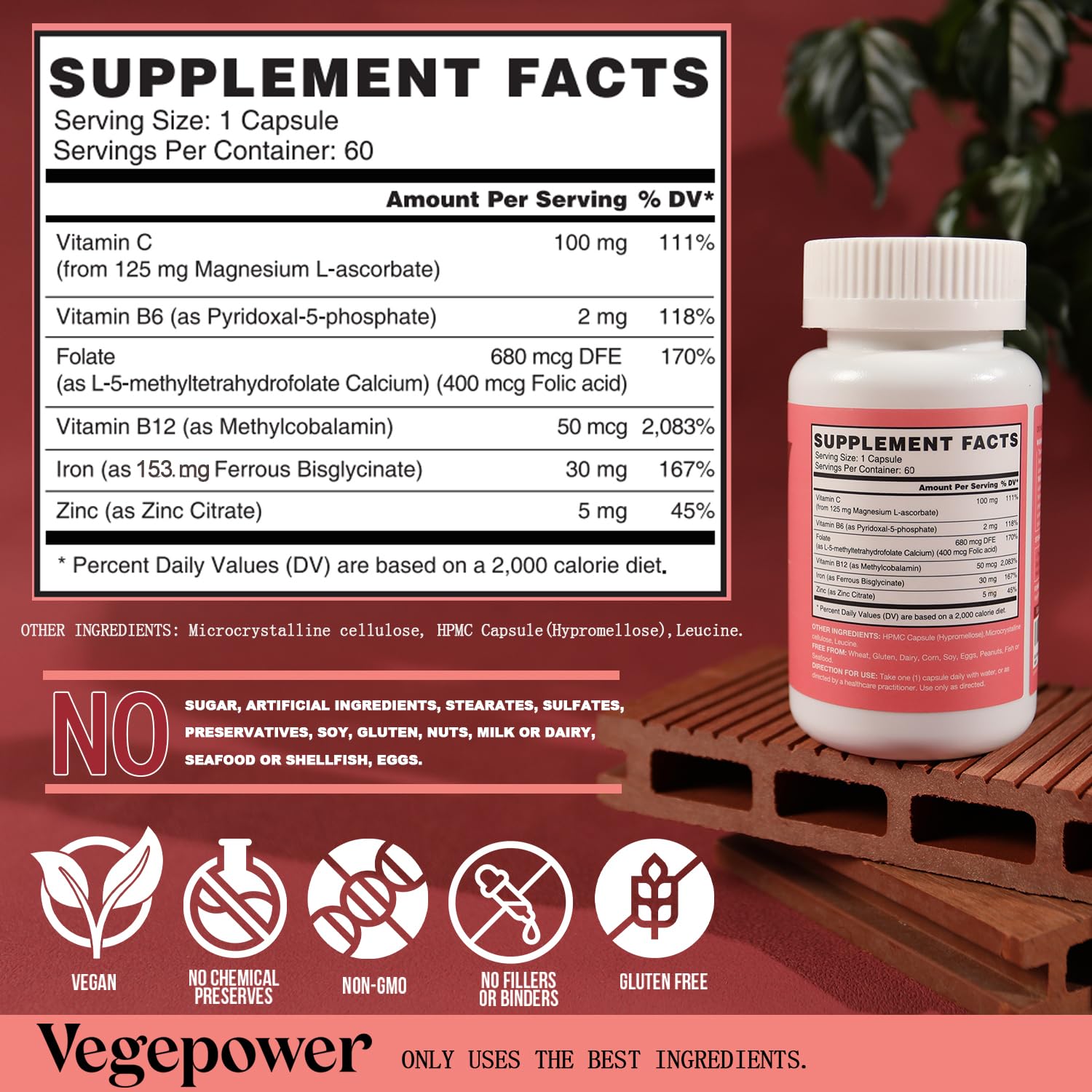 VEGEPOWER label close-up highlighting vegan, gluten-free, non-GMO features.