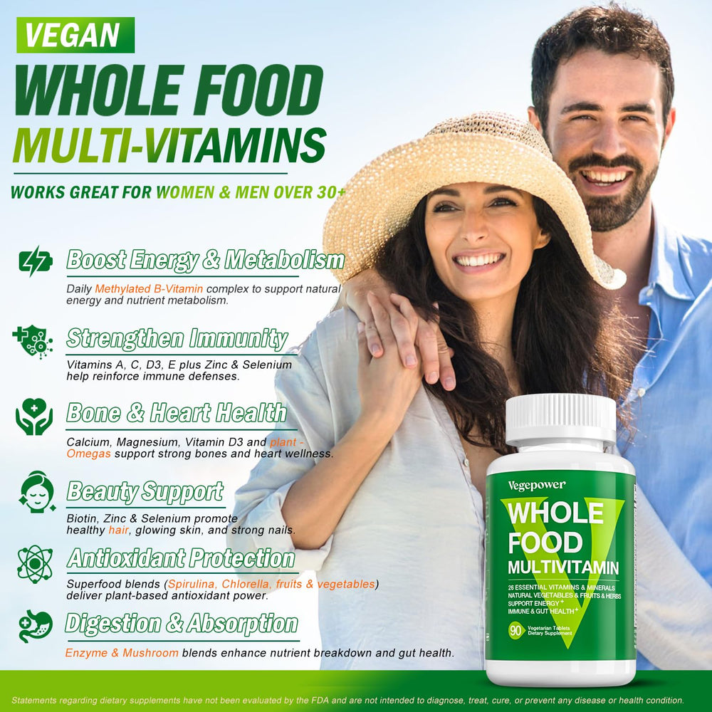 VEGEPOWER multivitamin with organic fruits and vegetables detail emphasizes whole-food nutrition