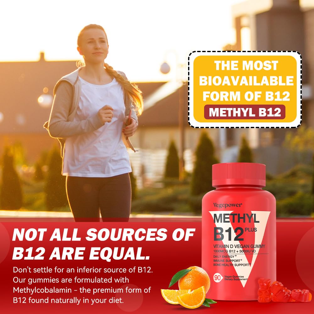 VEGEPOWER orange-flavored vegan B12 D3 gummies for adults and kids.