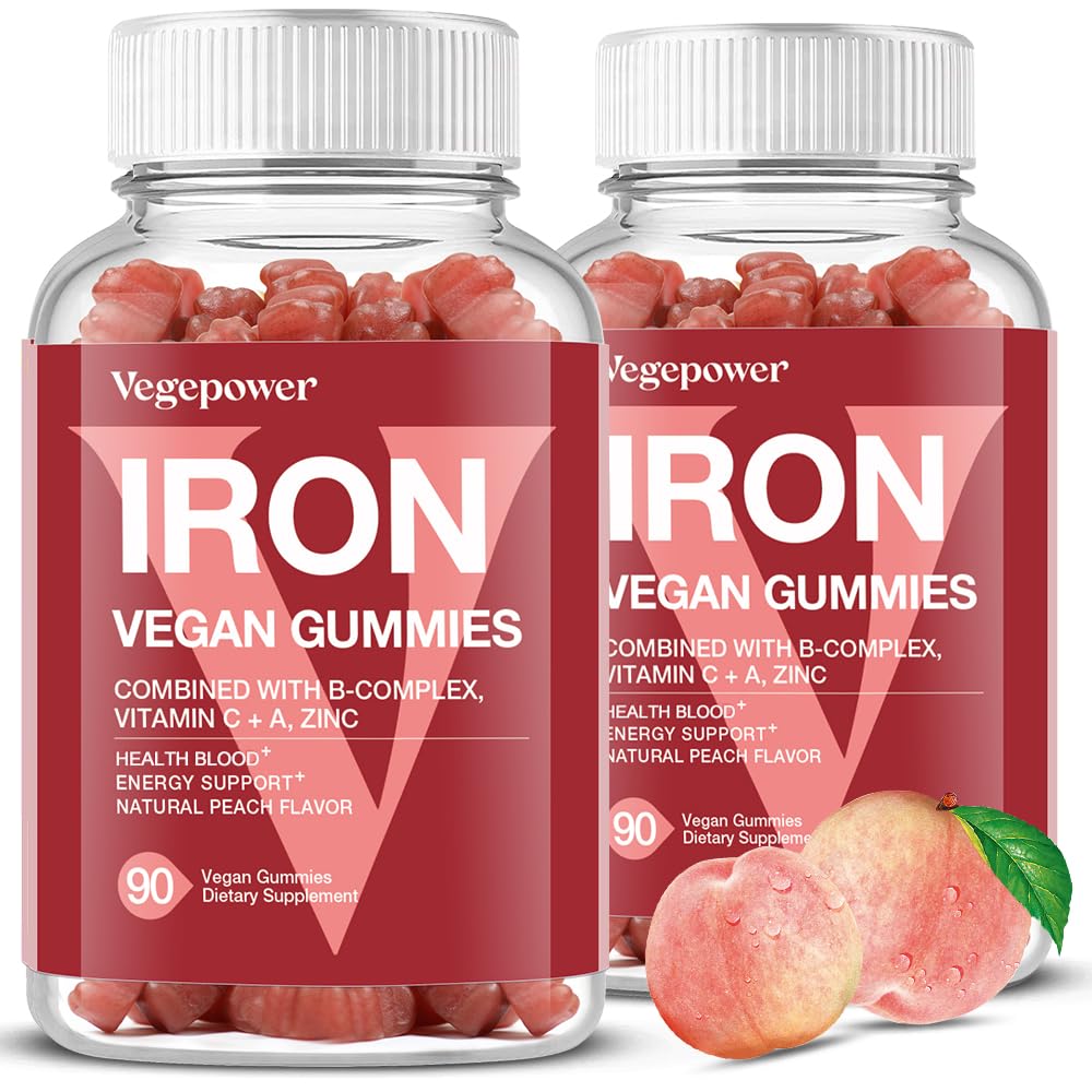 VegePower vegan iron gummies peach bottle for easy daily iron support.