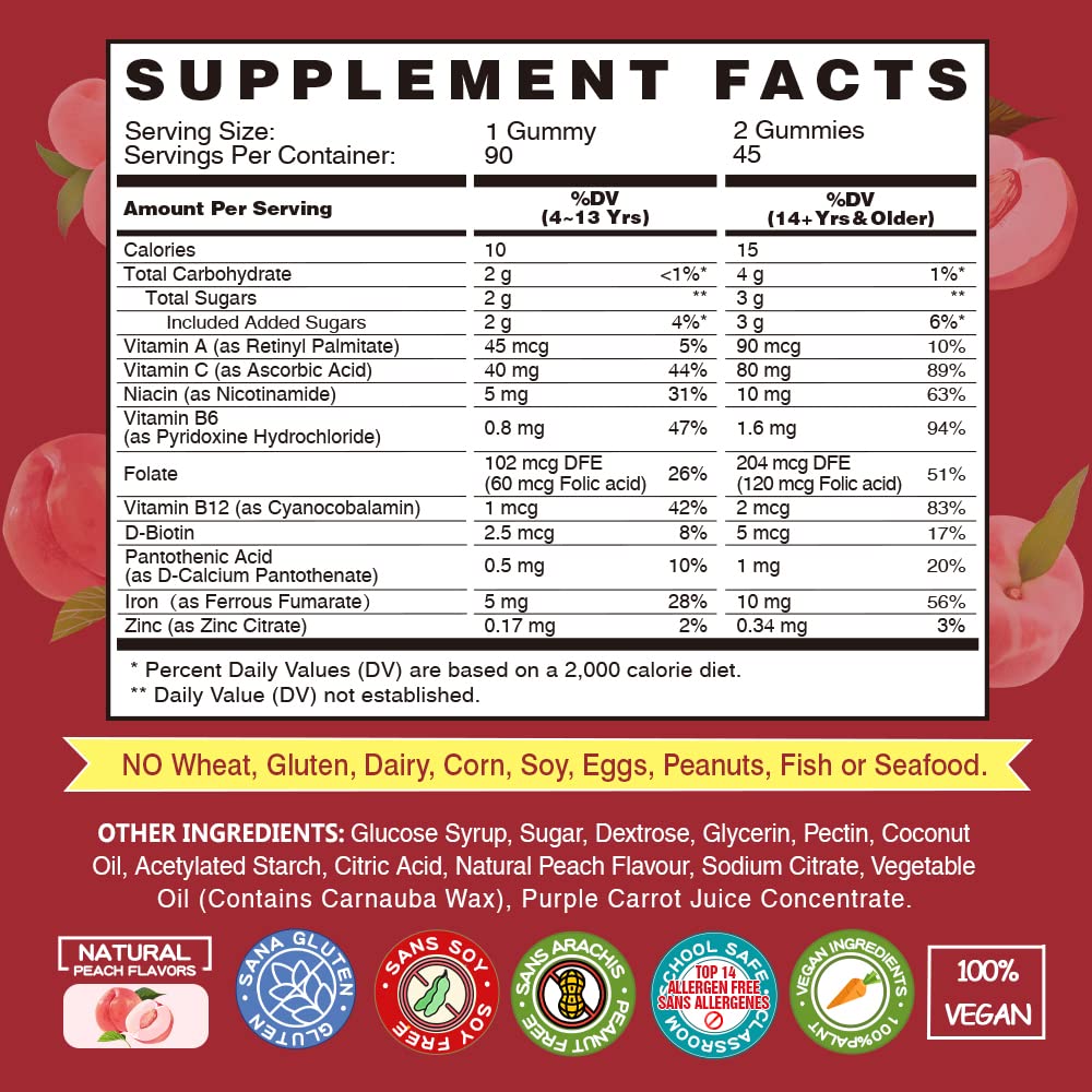 VegePower vegan iron gummies peach flavor close-up highlighting taste.