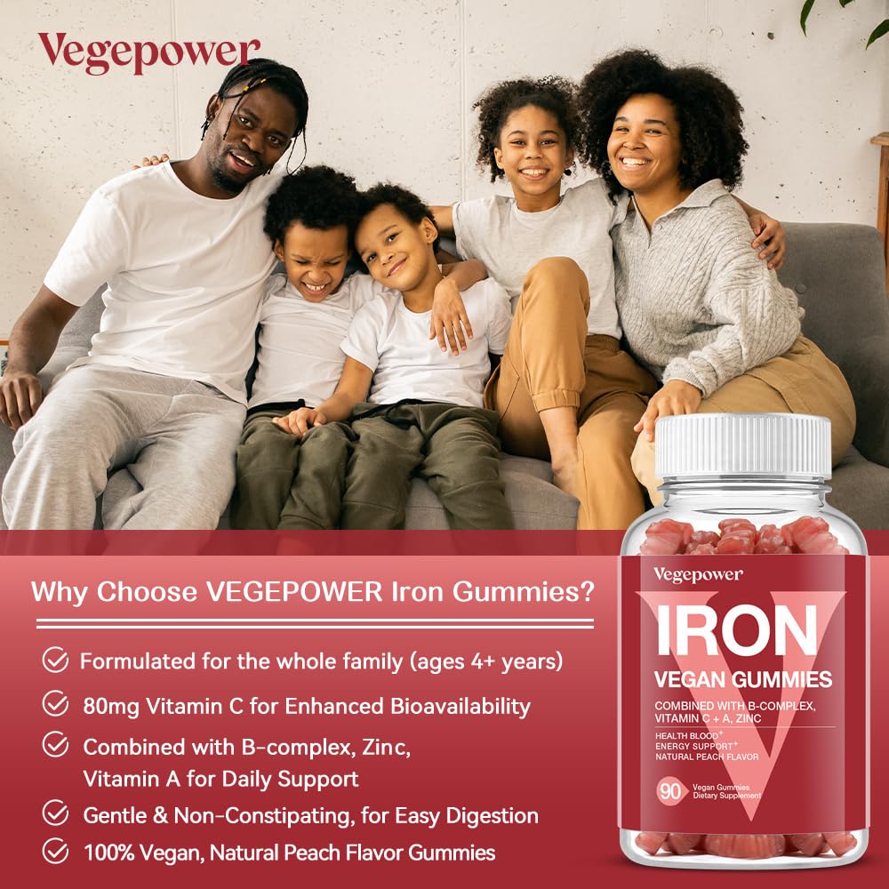 VEGEPOWER vegan iron gummies peach ingredients panel with vitamin C and zinc