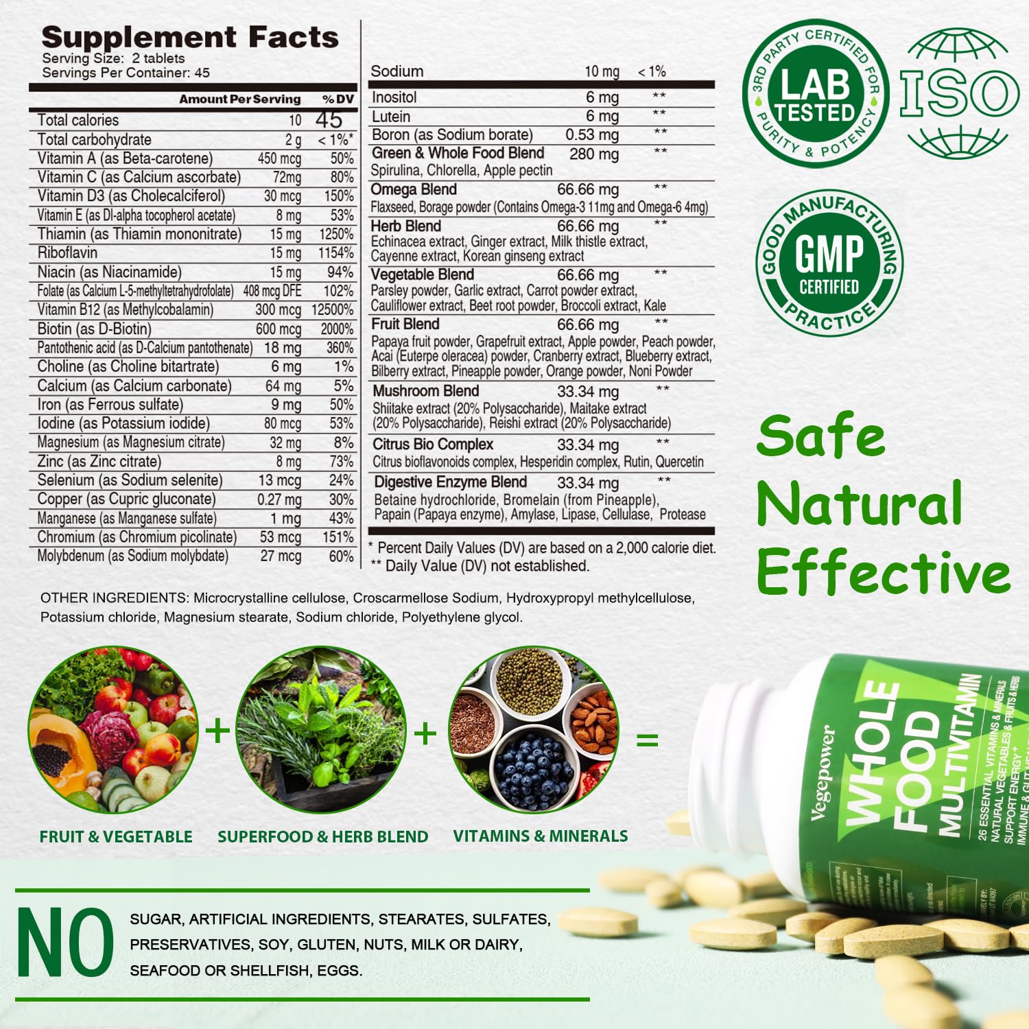 VEGEPOWER vegan multivitamin bottle label closeup highlights key ingredients and benefits