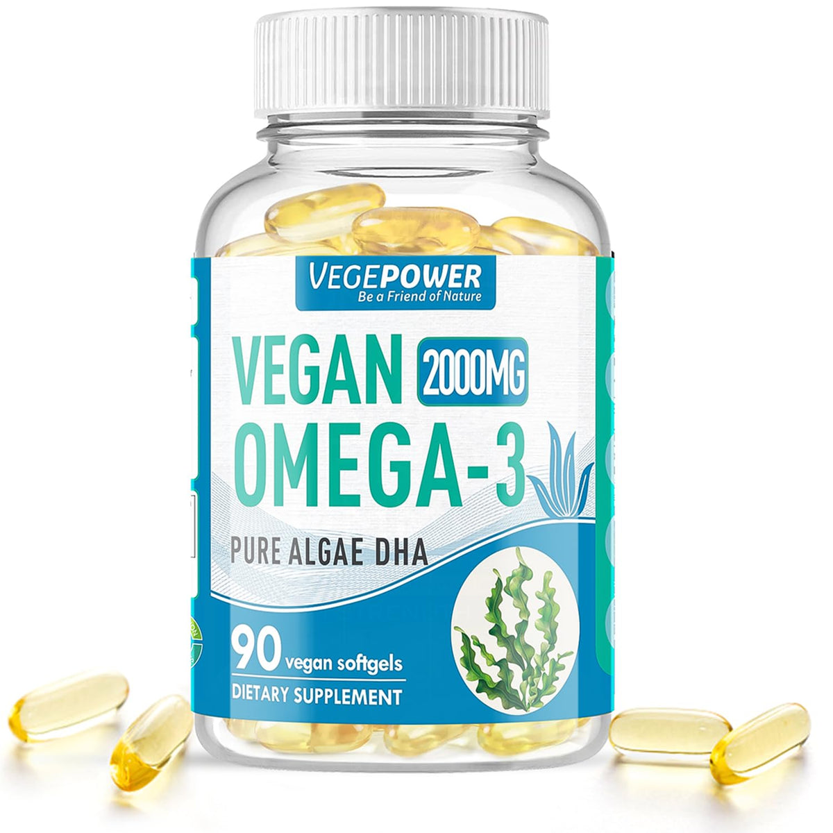 Vegepower vegan omega-3 algae DHA softgel close-up showing an easy to swallow capsule