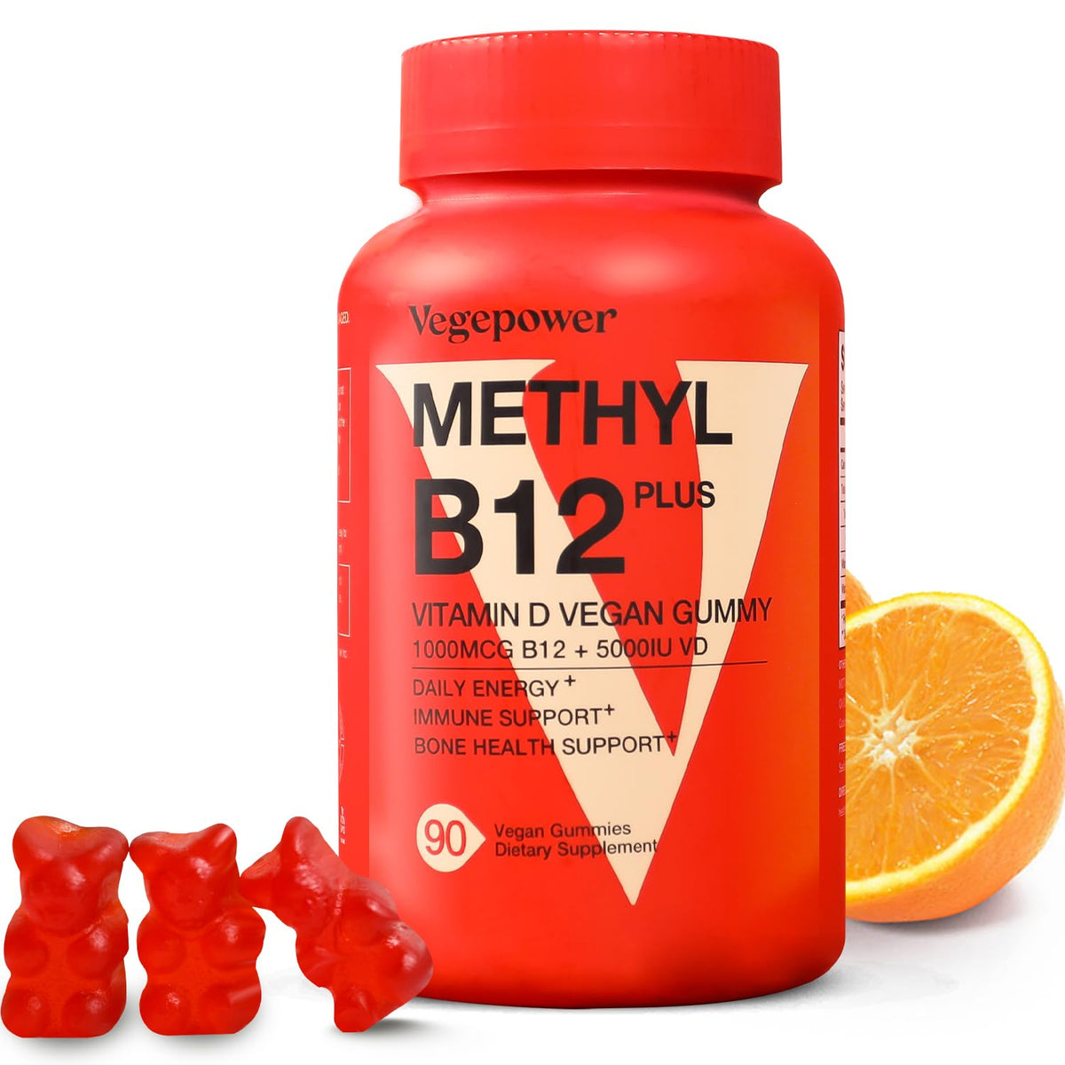 VEGEPOWER vegan B12 D3 gummies in a jar for daily energy support.