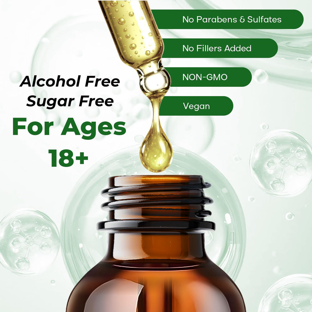 VEGETUSMAX bottle with cup showing easy daily-use drops for relaxation.