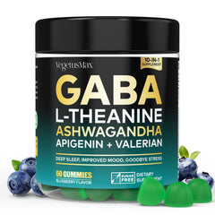 VEGETUSMAX GABA L-Theanine Gummies blue bottle front for calm evenings.