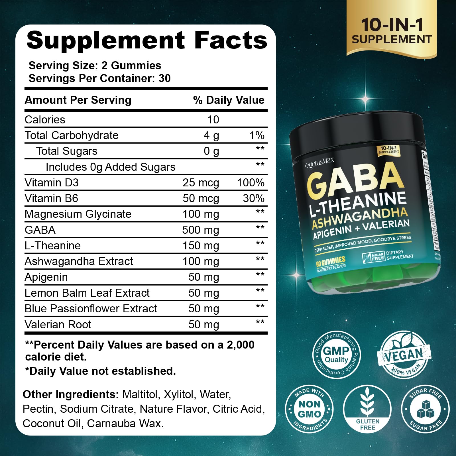 Gummies poured from the VEGETUSMAX jar signaling quick, sugar-free relaxation.