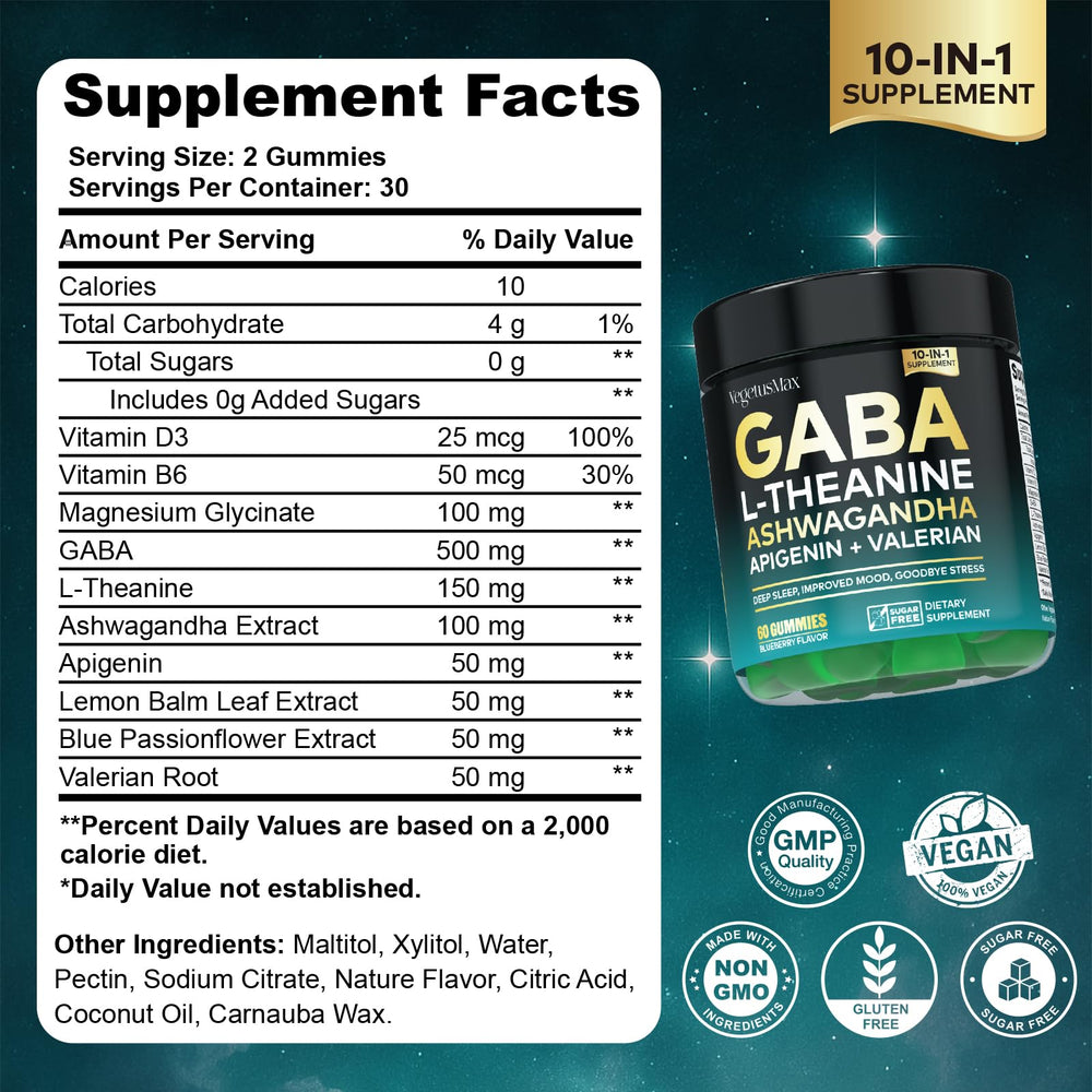 Gummies poured from the VEGETUSMAX jar signaling quick, sugar-free relaxation.