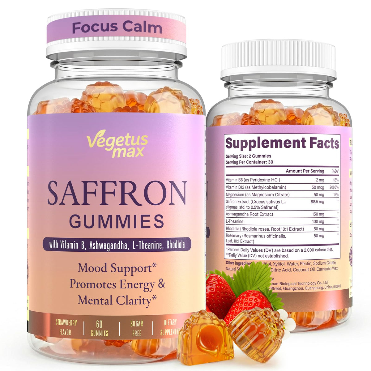 VEGETUSMAX saffron gummies bottle-front for mood support and daily wellness.