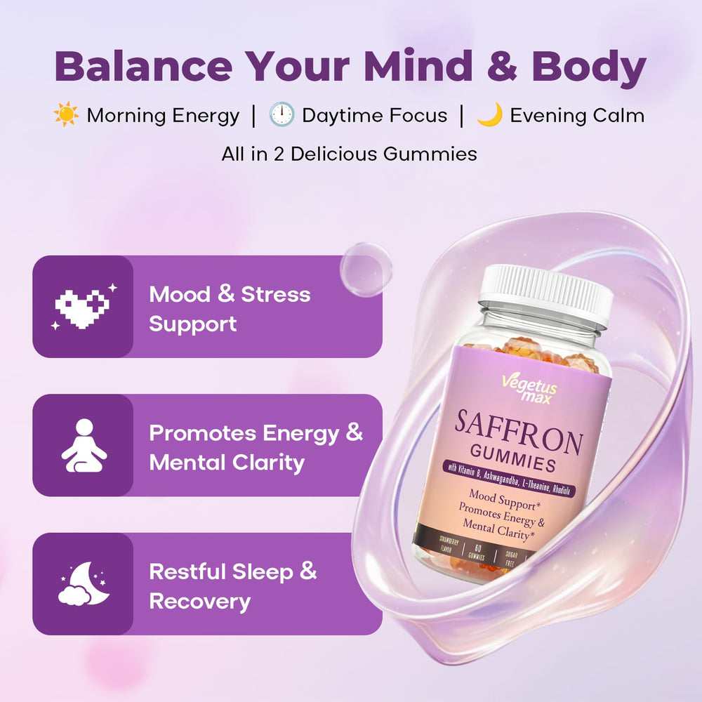 VEGETUSMAX saffron gummies packaging-box highlights vegan, non-GMO quality.