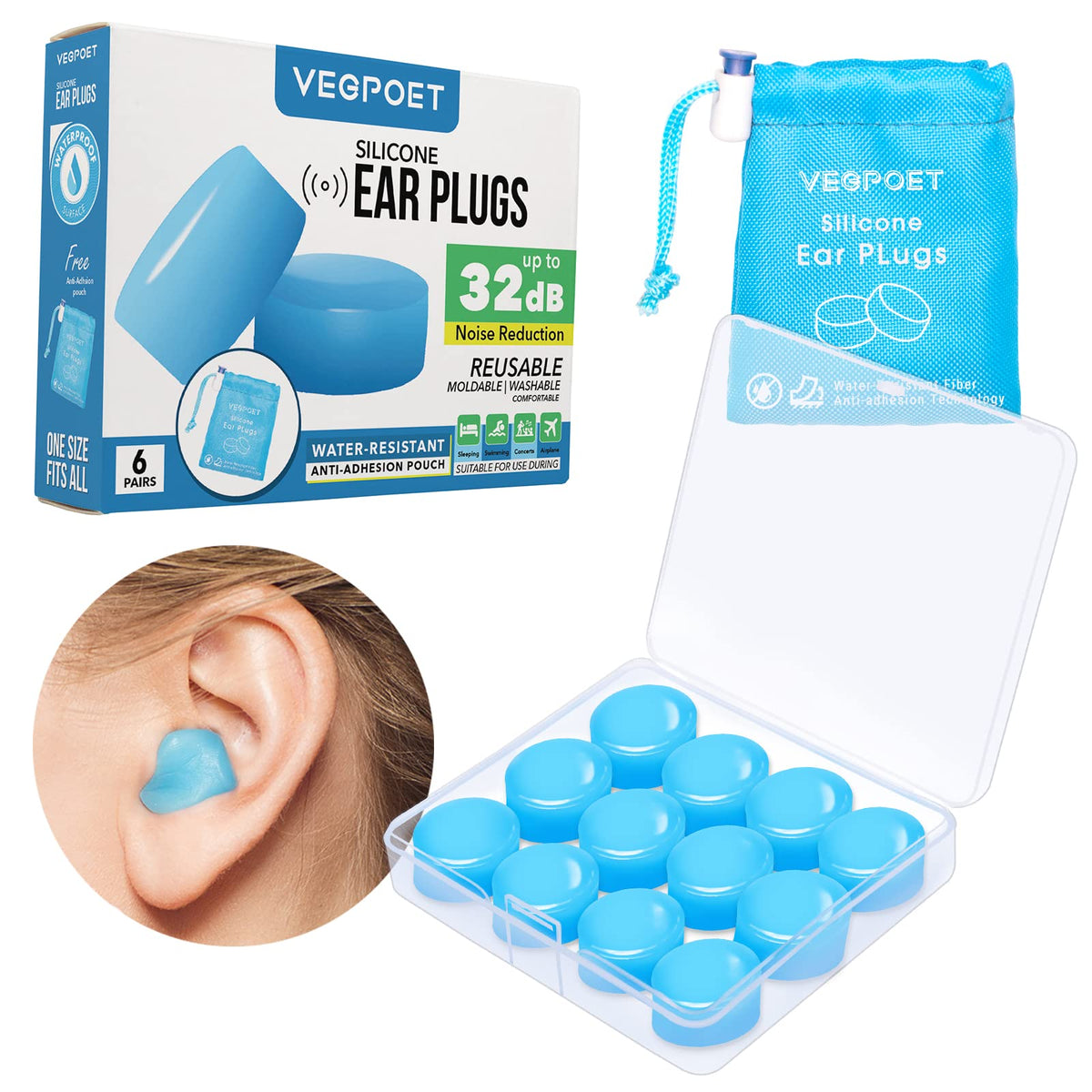 Tapones Vegpoet para dormir, silicona moldeable, ajuste cómodo y reutilizable.