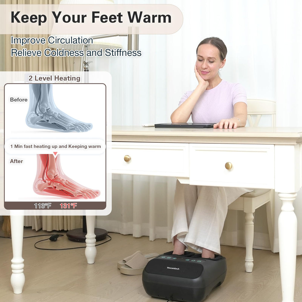 Veicomtech Foot Massager full-coverage massage envelops both feet for relief.