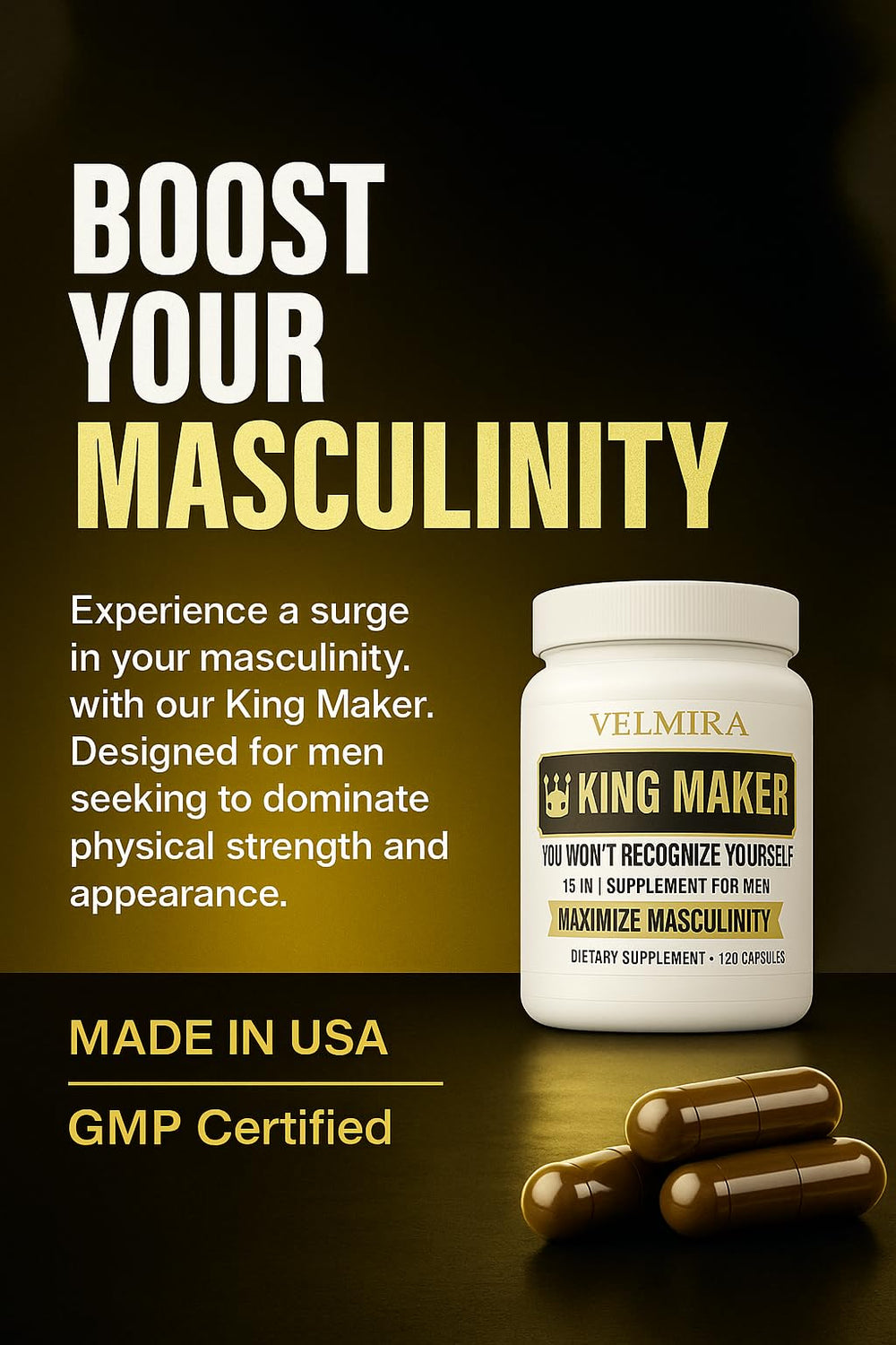 Velmira King Maker capsules close-up showing a sugar-free energy formula.