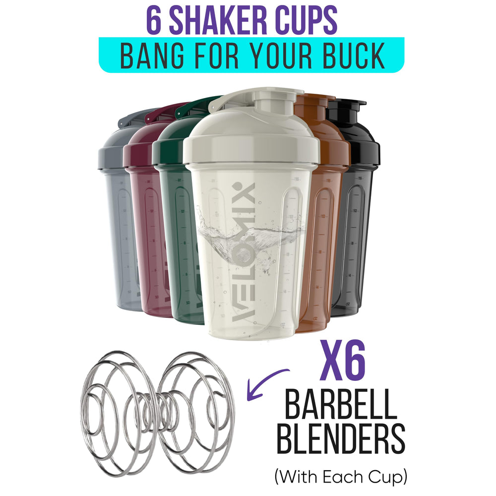 Velomix 20oz shaker bottle with lid and whisk shows leak-proof design in action