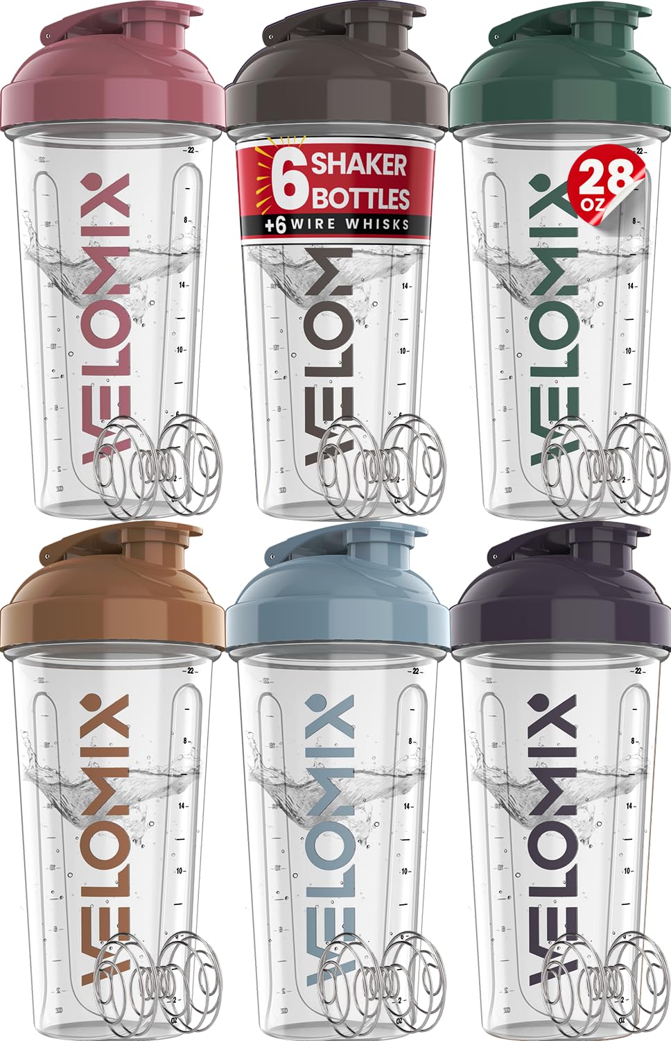 VELOMIX 6-pack 28oz bottle front view, leak-proof design for convenient gym shakes.
