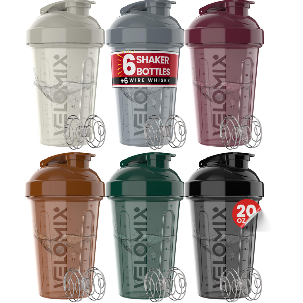 Velomix six-pack mood tones display of assorted shaker bottles for gym use