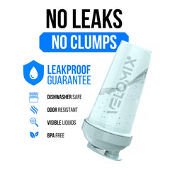 Velomix shaker with wire whisk for smooth protein blends.