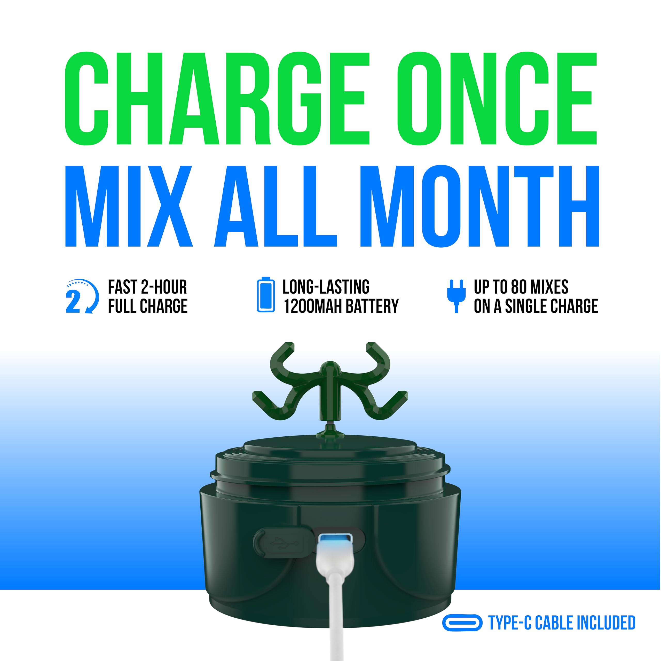 VELOMIX battery and bottle imagery highlighting up to 80 blends per charge.