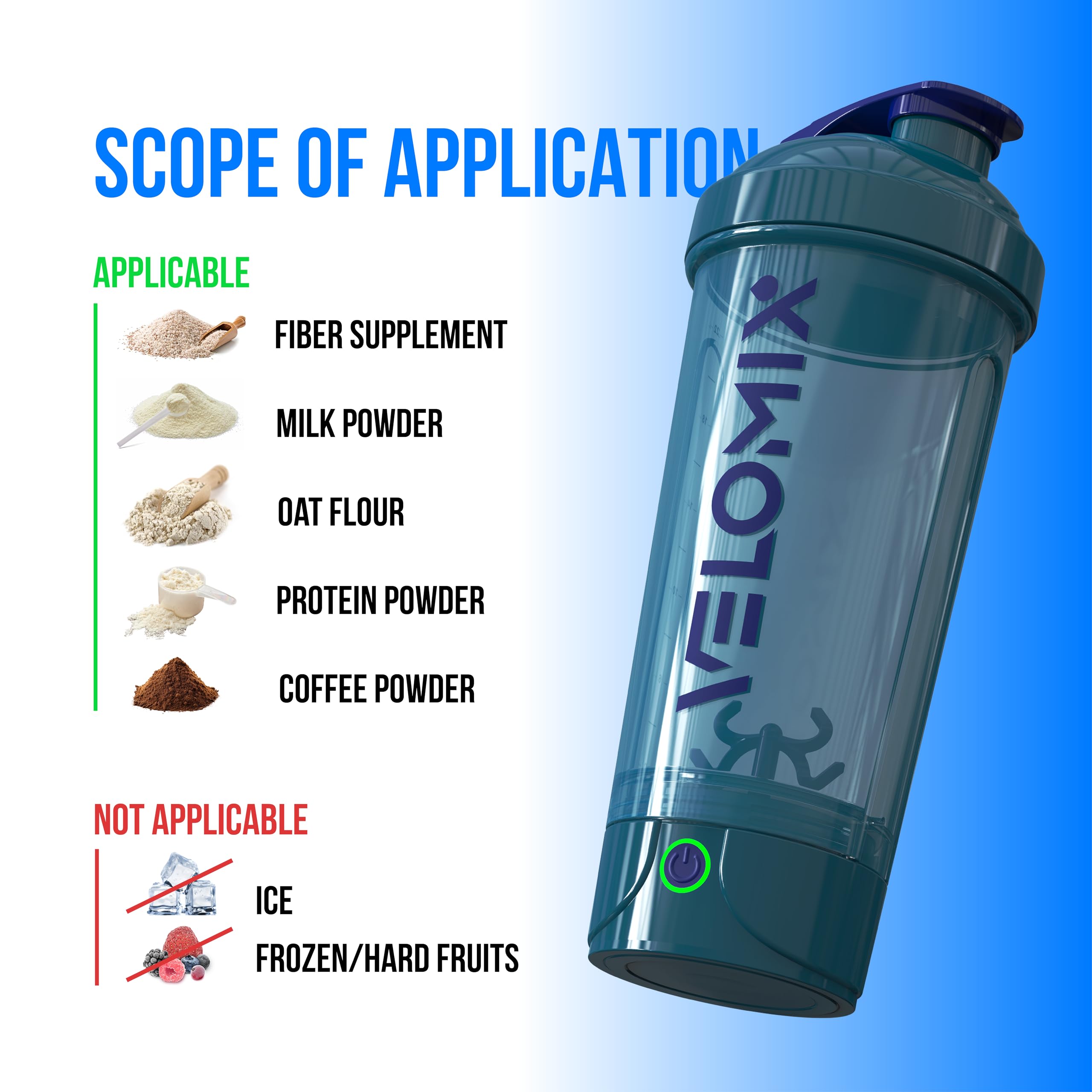 Not for ice; suitable for powders and liquids up to 212°F.