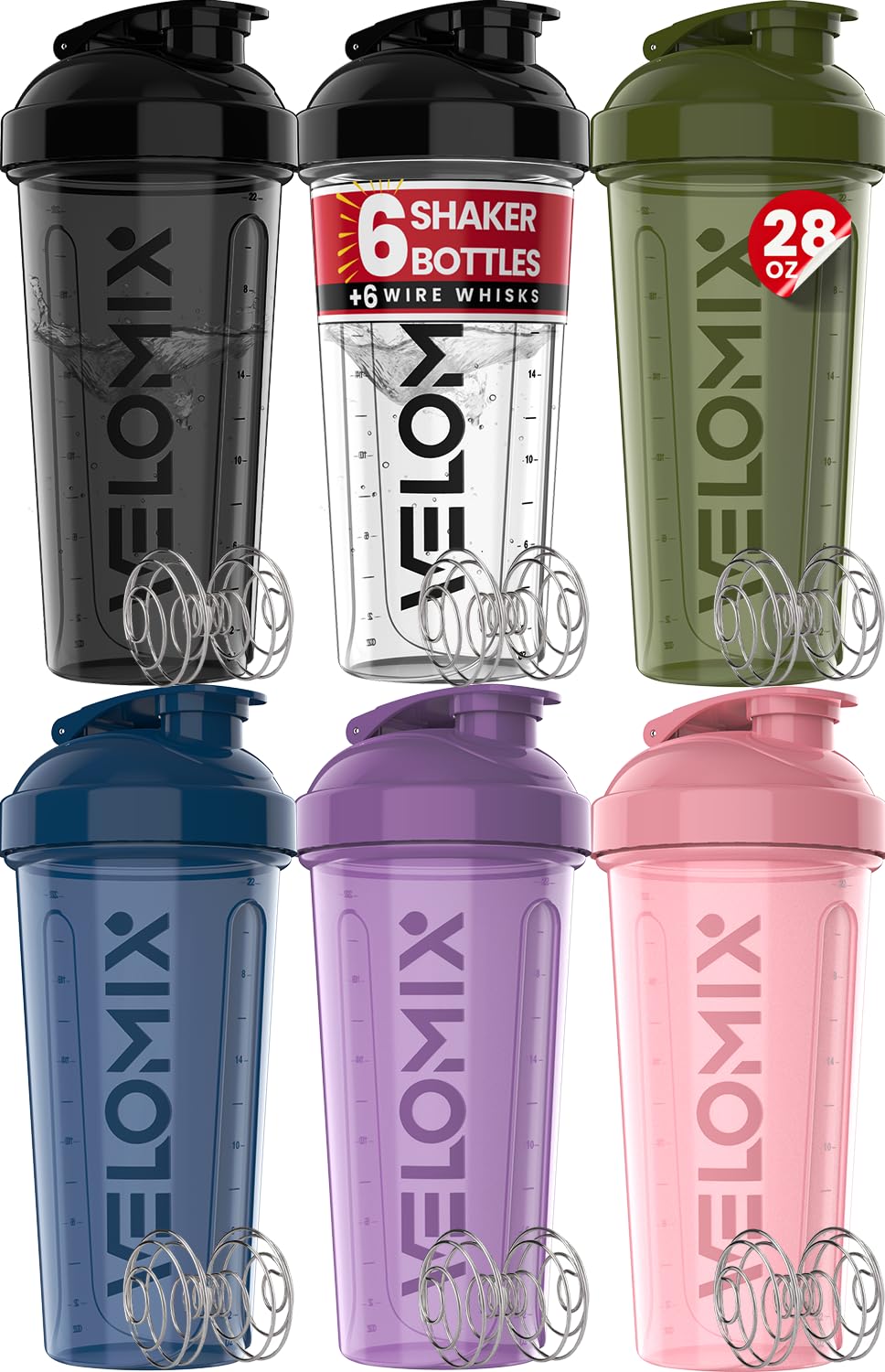 Velomix Core Series 6-pack shaker bottles with leak-proof seals for mess-free transport.