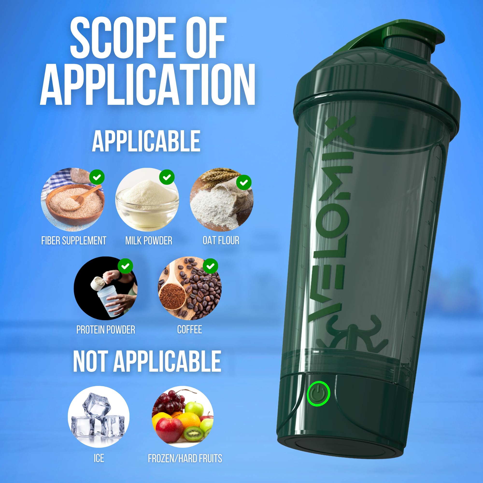 VELOMIX green compact shaker ready for shakes and smoothies on the go.