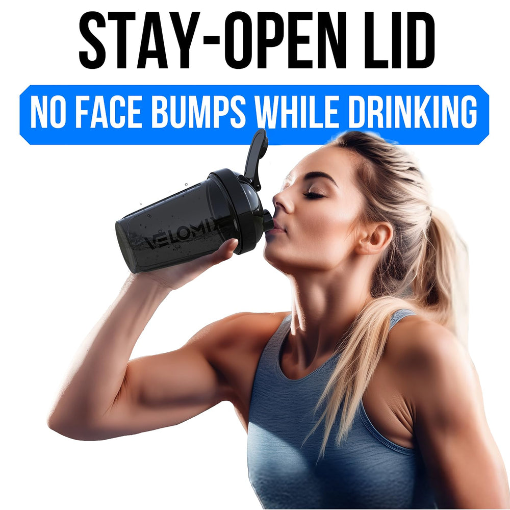 Velomix shaker 20 oz in gym bag; versatile for shakes and pre-workouts.