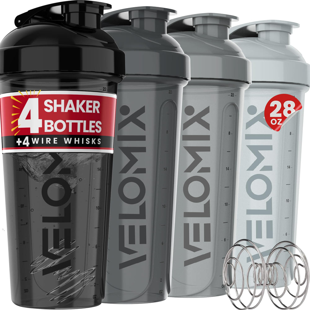 VELOMIX 28 oz silver shaker front view showing secure lid for leak-proof mixing