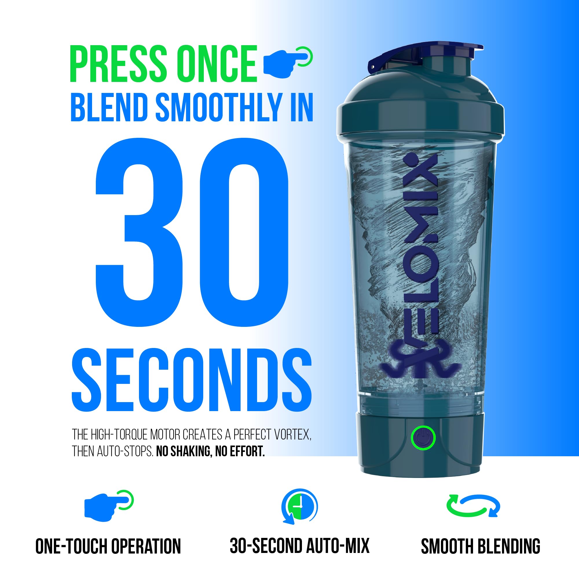 Velomix shaker with USB-C recharge provides up to 80 blends per charge.