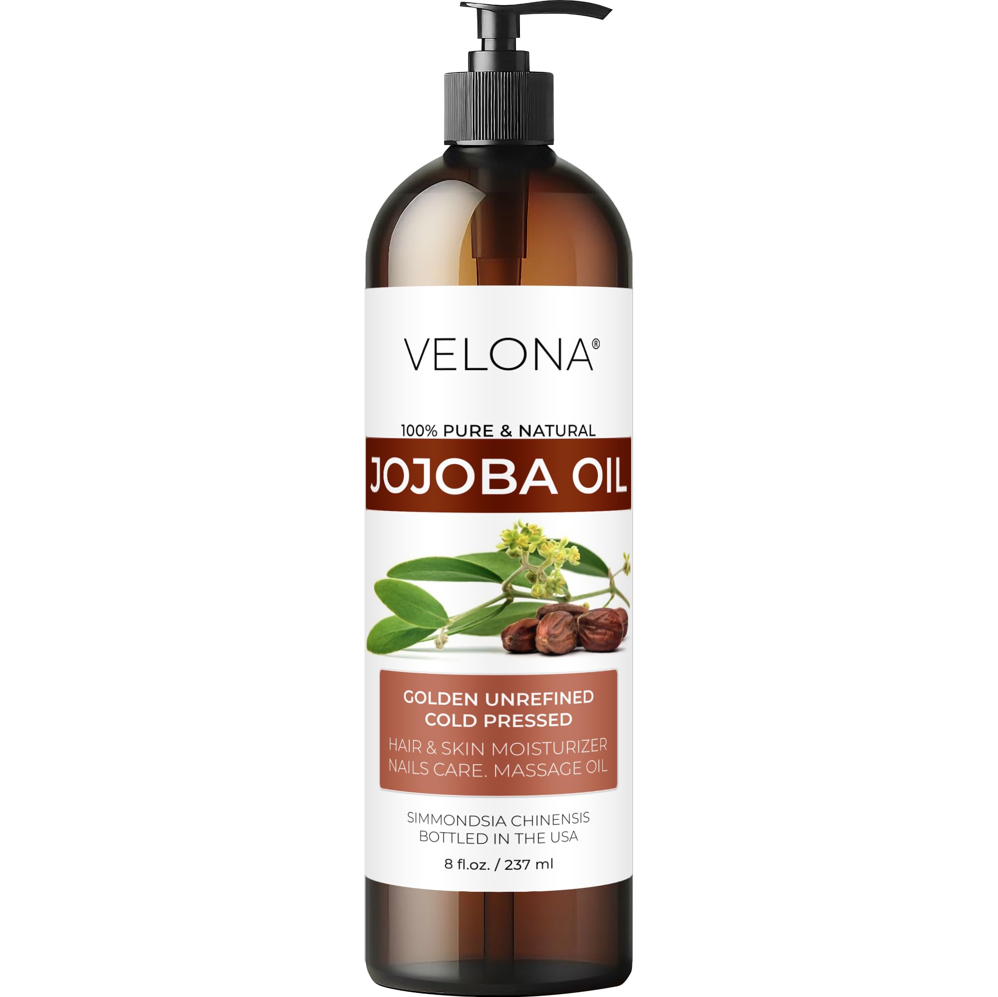 Velona Jojoba Oil 8oz bottle with pump for easy daily hydration.