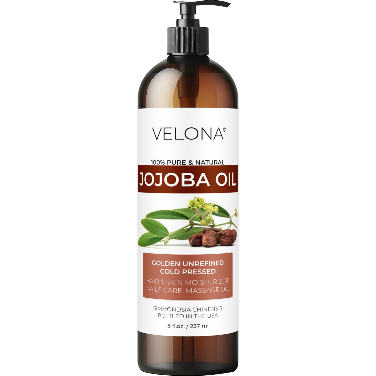 Velona Jojoba Oil 8oz bottle with pump for easy daily hydration.