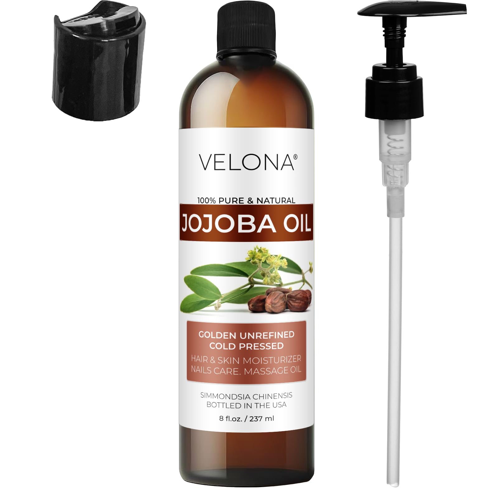 Velona Jojoba Oil golden color and unrefined texture convey natural quality.