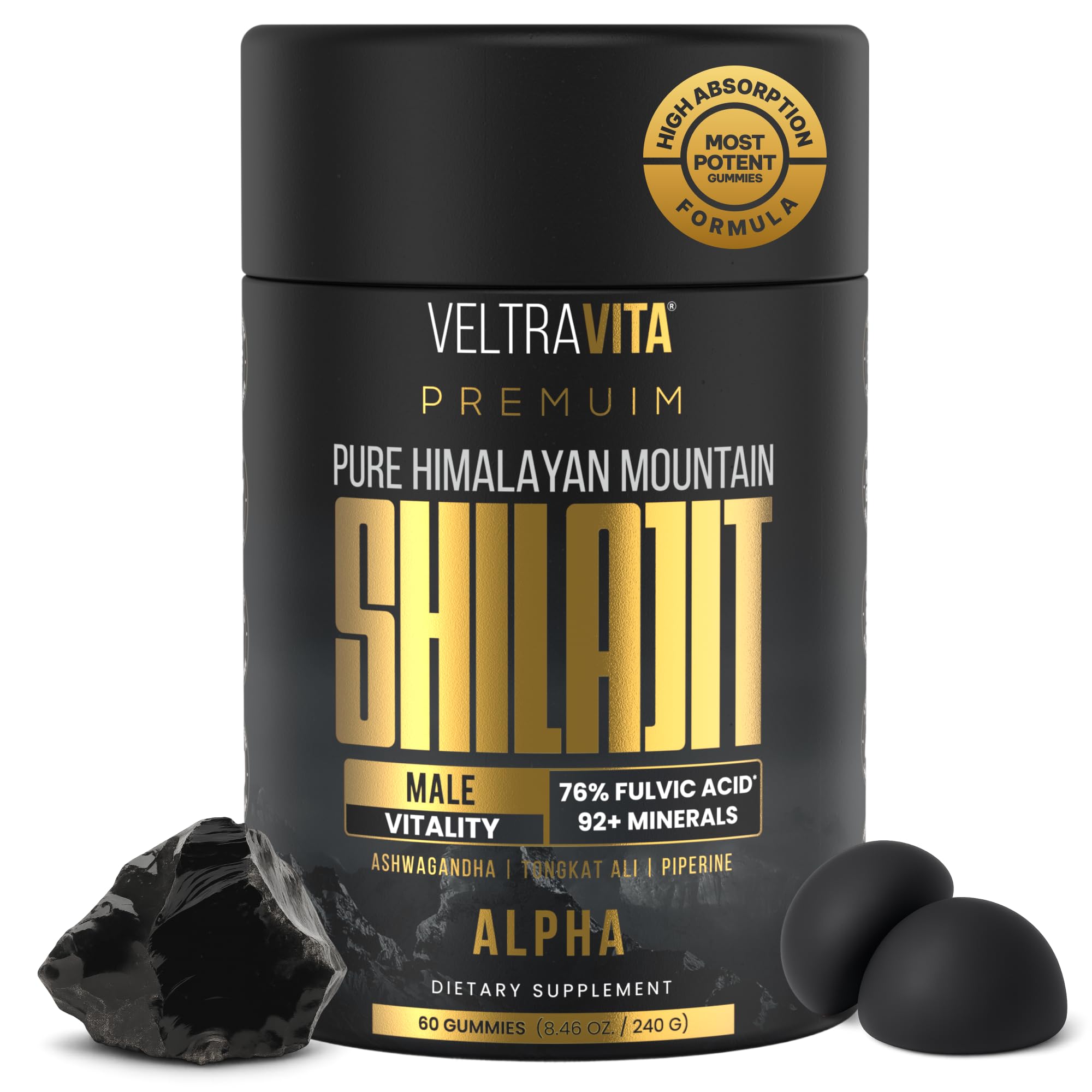 VeltraVita Alpha Shilajit Gummies bottle label highlights vegan, sugar-free energy support.