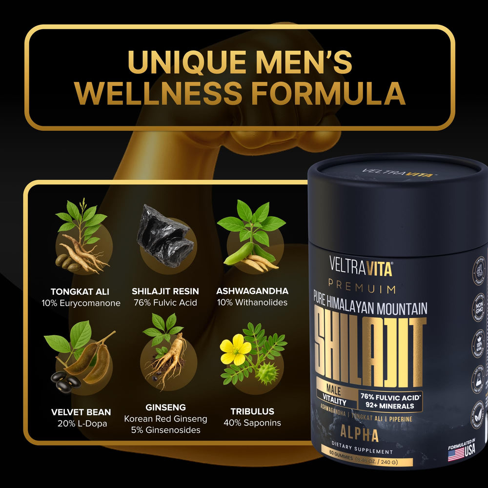 Close-up of VeltraVita Alpha Shilajit Gummies for premium wellness flavor.