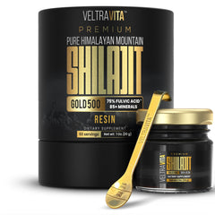 VeltraVita Himalayan Shilajit Resin Gold jar showing premium potency