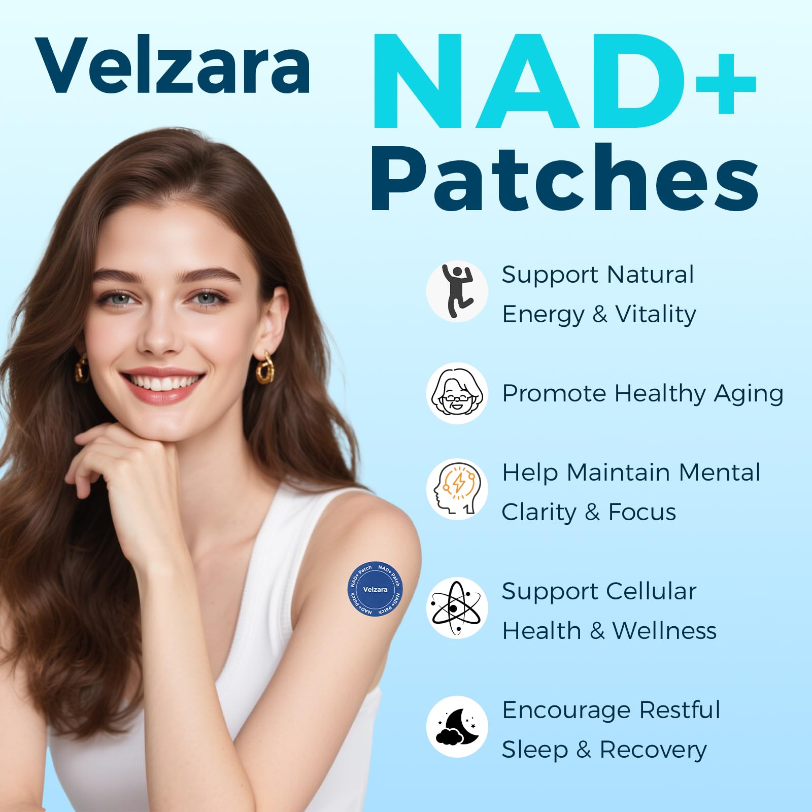 Velzara NAD+ patches showcase radiant skin with gradual, comfortable delivery.