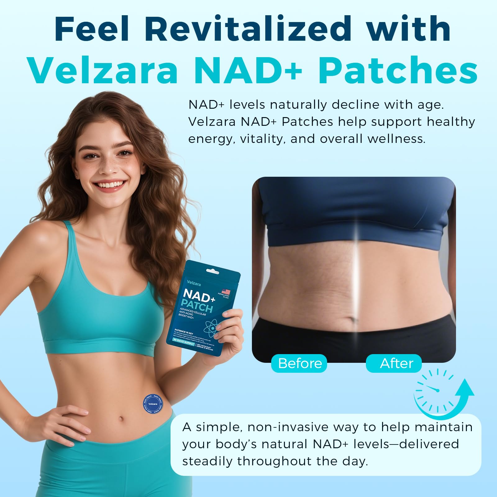Velzara NAD+ patches provide time-release nourishment for daily clarity.