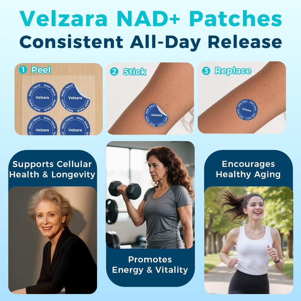 Velzara NAD+ patches are vegan and water-resistant for busy days.